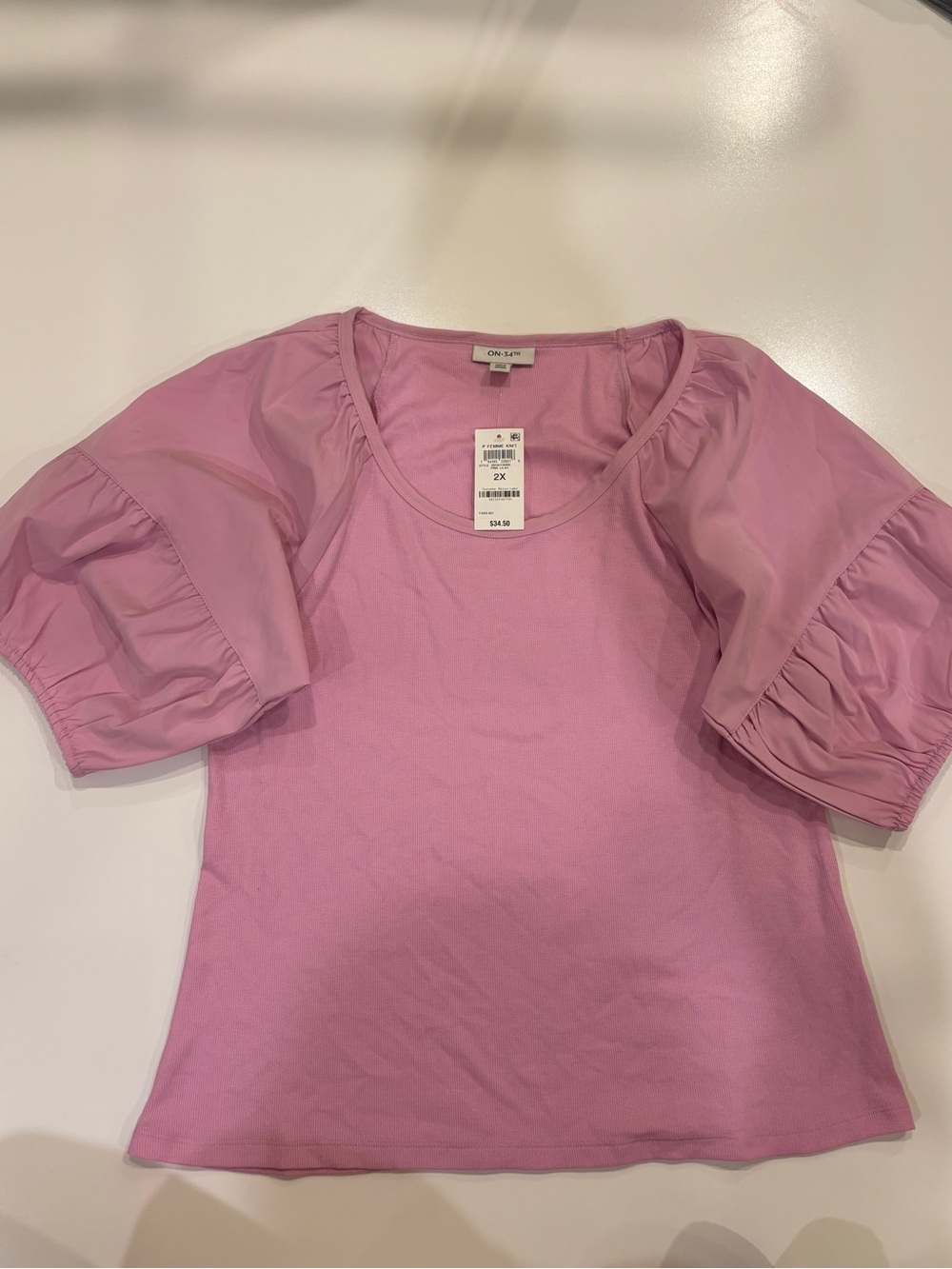 Women’s 2X Light Pink Puff Sleeve Tee NWT Stretch Summer Feminine
